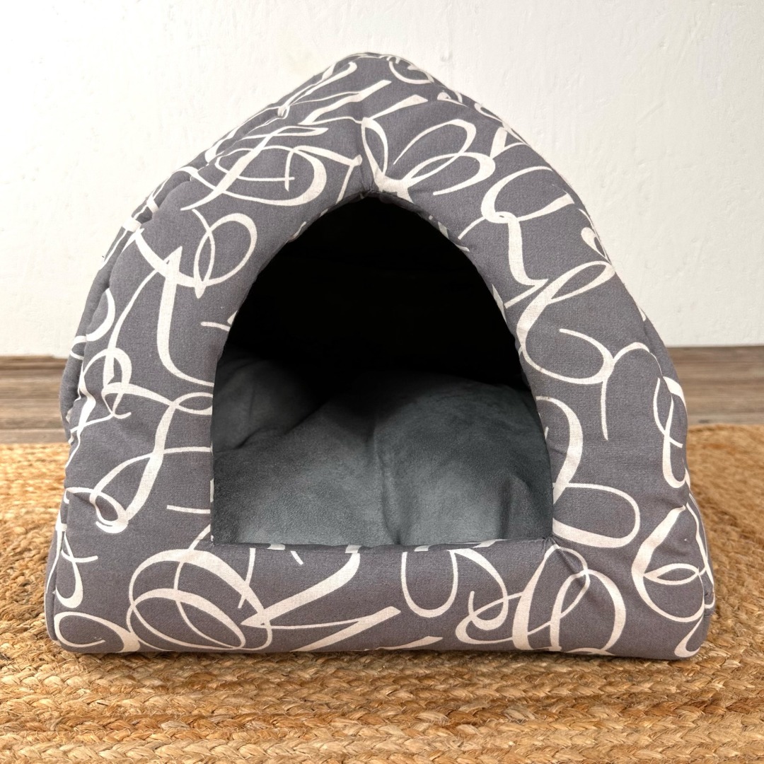 Luxury grey cat igloo bed with white swirl design and a removable cushion