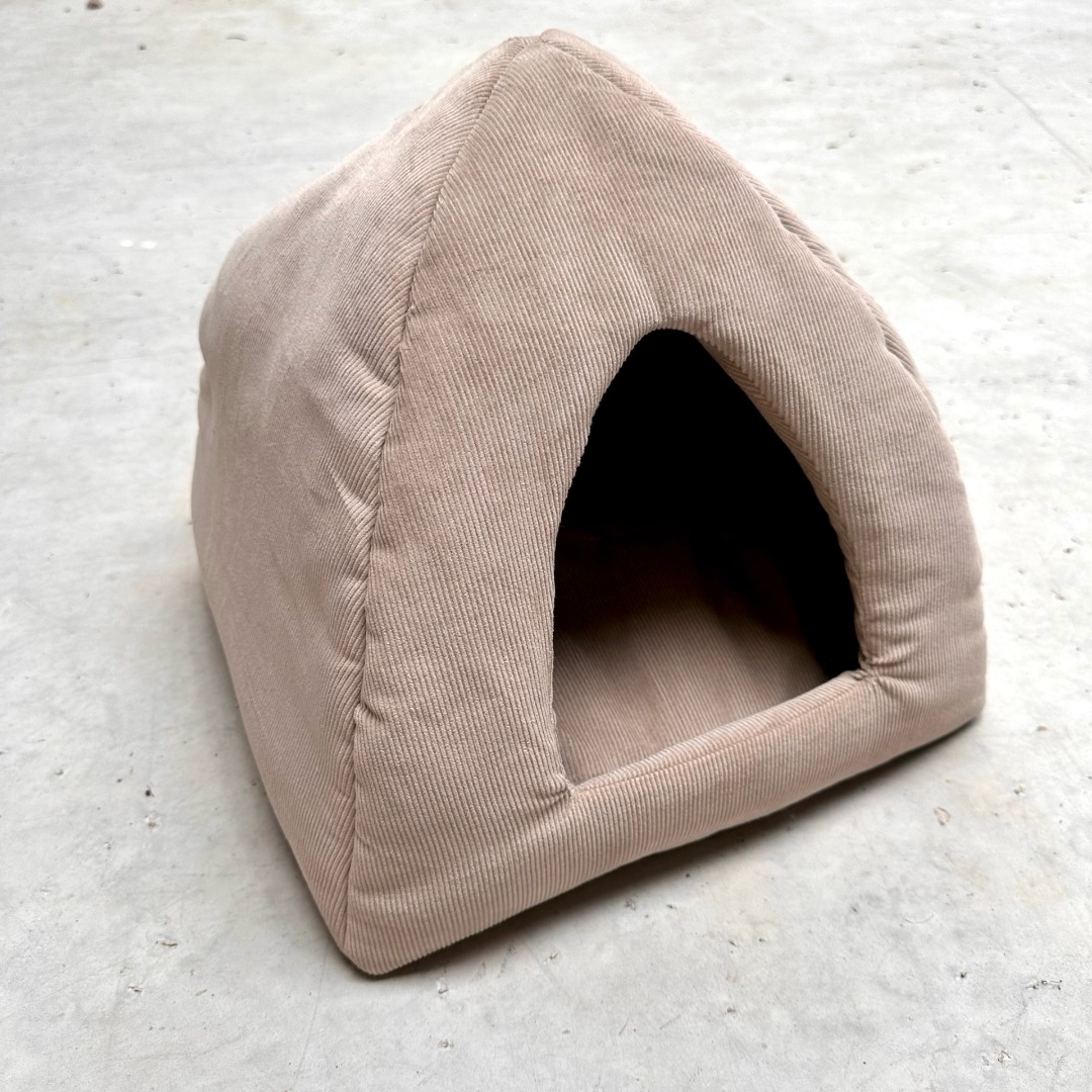 Luxury textured corduroy stone/fawn corduroy cat bed igloo with removable cushion