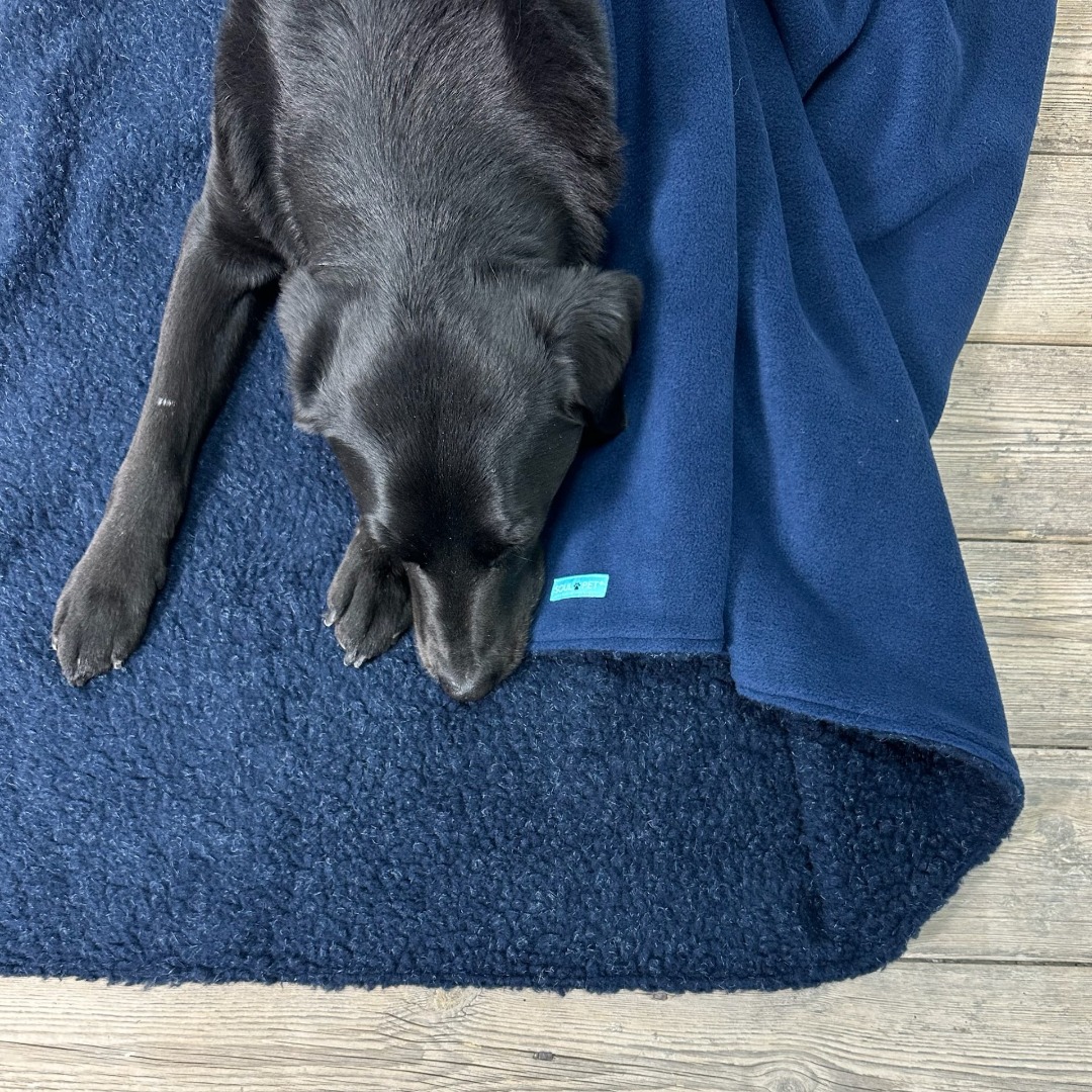 SoulPet Plush Country Navy Blue Fleece Dog Blanket with Sherpa Fleece Back in 3 sizes.