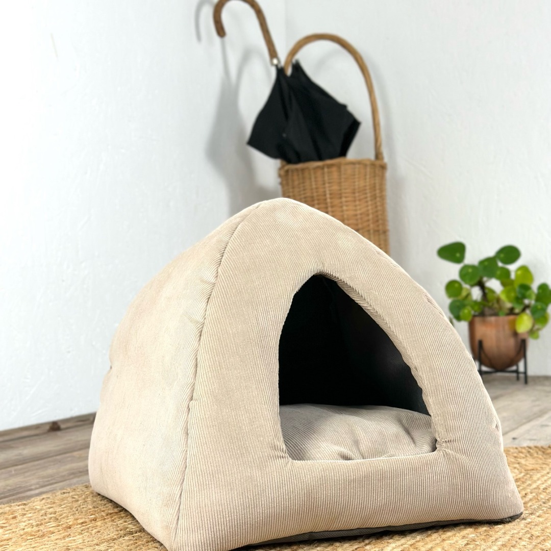 Luxury textured corduroy stone/fawn corduroy cat bed igloo with removable cushion
