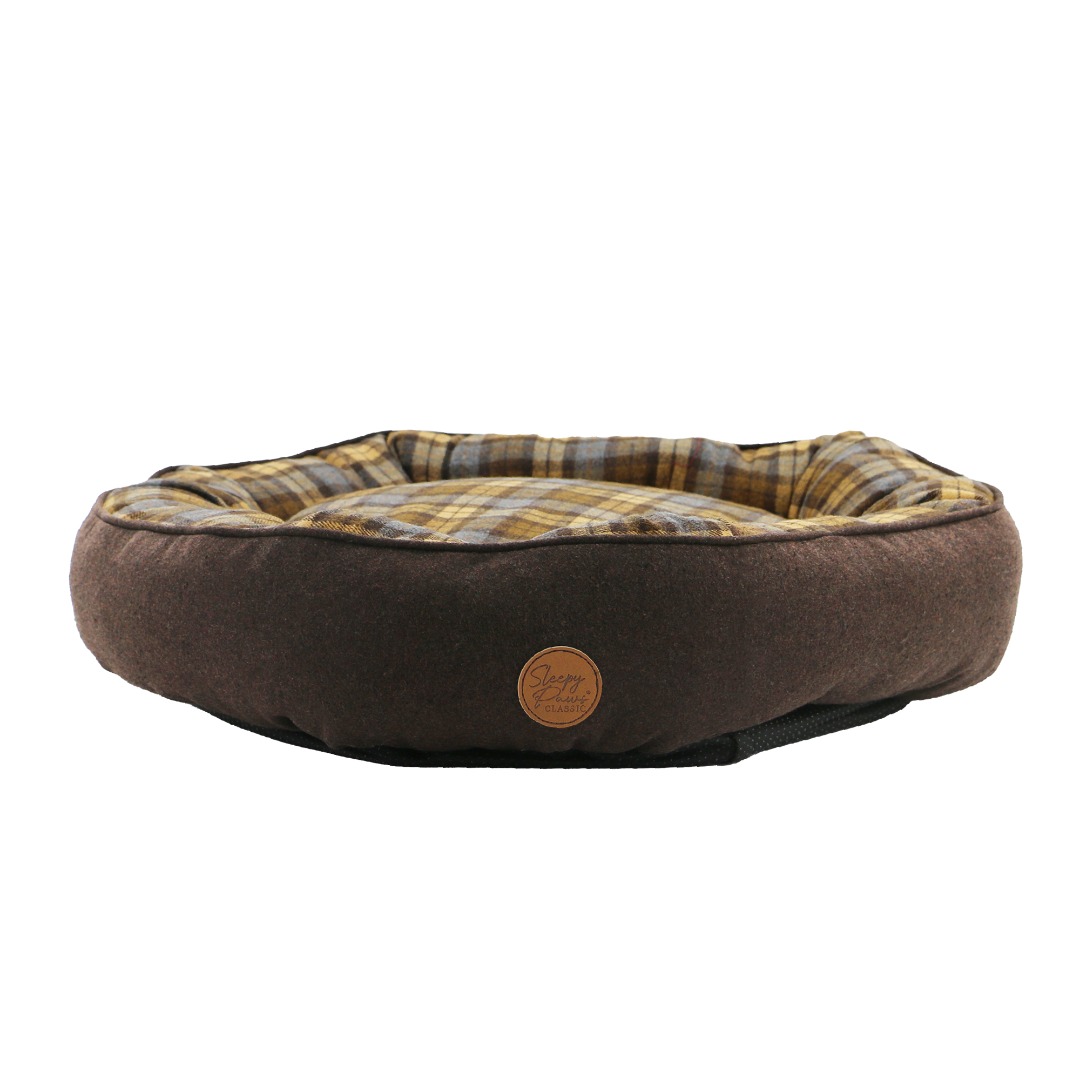 Brown & Blue Tartan Donut Dog Bed   reduce anxiety and stress. 70cm